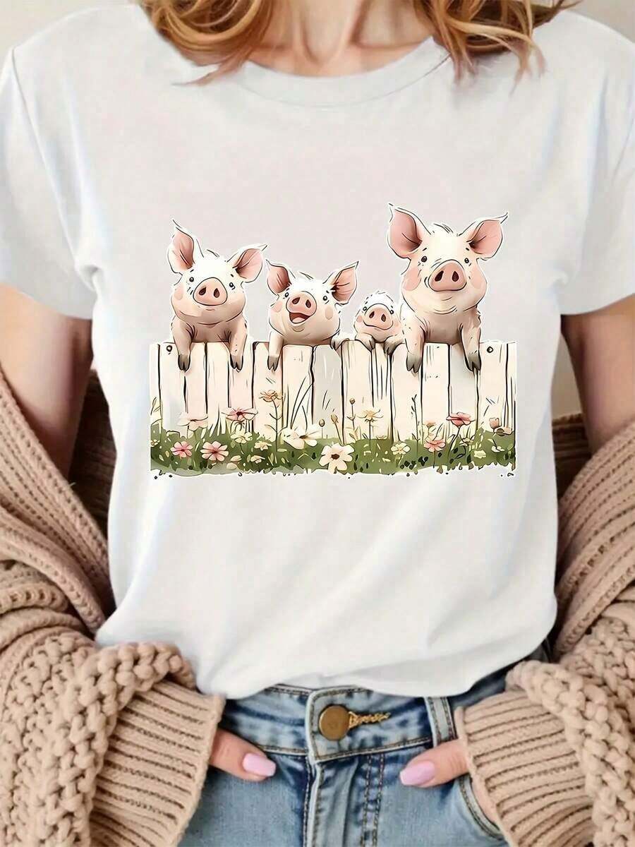 1 Piece Casual Fashion Men's And Women's Round Neck T-Shirt With Beautiful Pig Print For Women - Adorable Pig Design, Soft And Comfortable Casual Wear Suitable For Farm-Themed Parties And Everyday Outfits - Machine Washable Women's Blouses. Versatile, Easy To Match, For Daily Wear, Urban Style, Holiday Wear, Weekend Wear. - 白色的 - 查看 1