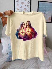 Women's Casual Crew Neck T-Shirt With A Jesus And Mary Heart Design, Soft Polyester Short-Sleeve Top, Suitable For Summer And Spring, Everyday Wear. | Bright Print Top | Comfortable Fit - 杏色 - 查看 7