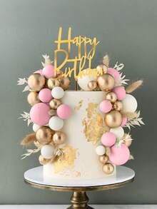 50pcs Cake Metal Decorative Ball, Green Goldn Sphere Cake Decorations, Boho Style Cake Decor, Green Goldn, Platinum, Pearl Balls, Happy Birthday Cake Topper, Wedding, Christening, BabyShower, Birthday Party Cake Decor, Boho Theme Party Supplies - Pink and White Gold Cake Decorations - View 3