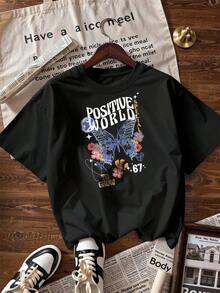 Blue Butterfly T-Shirt With "Positive World" Text, Fashionable Short-Sleeve T-Shirt For Spring/Summer 2026, Made In Mexico, 180 Grams. Cartoon Print, Couple Design, Suitable For Indoor Or Outdoor Wear. Crew Neck, Unisex, Ideal For The Office And Leisure. One-Pack. - BK-P631577SLNDXZGY627 - 查看 4