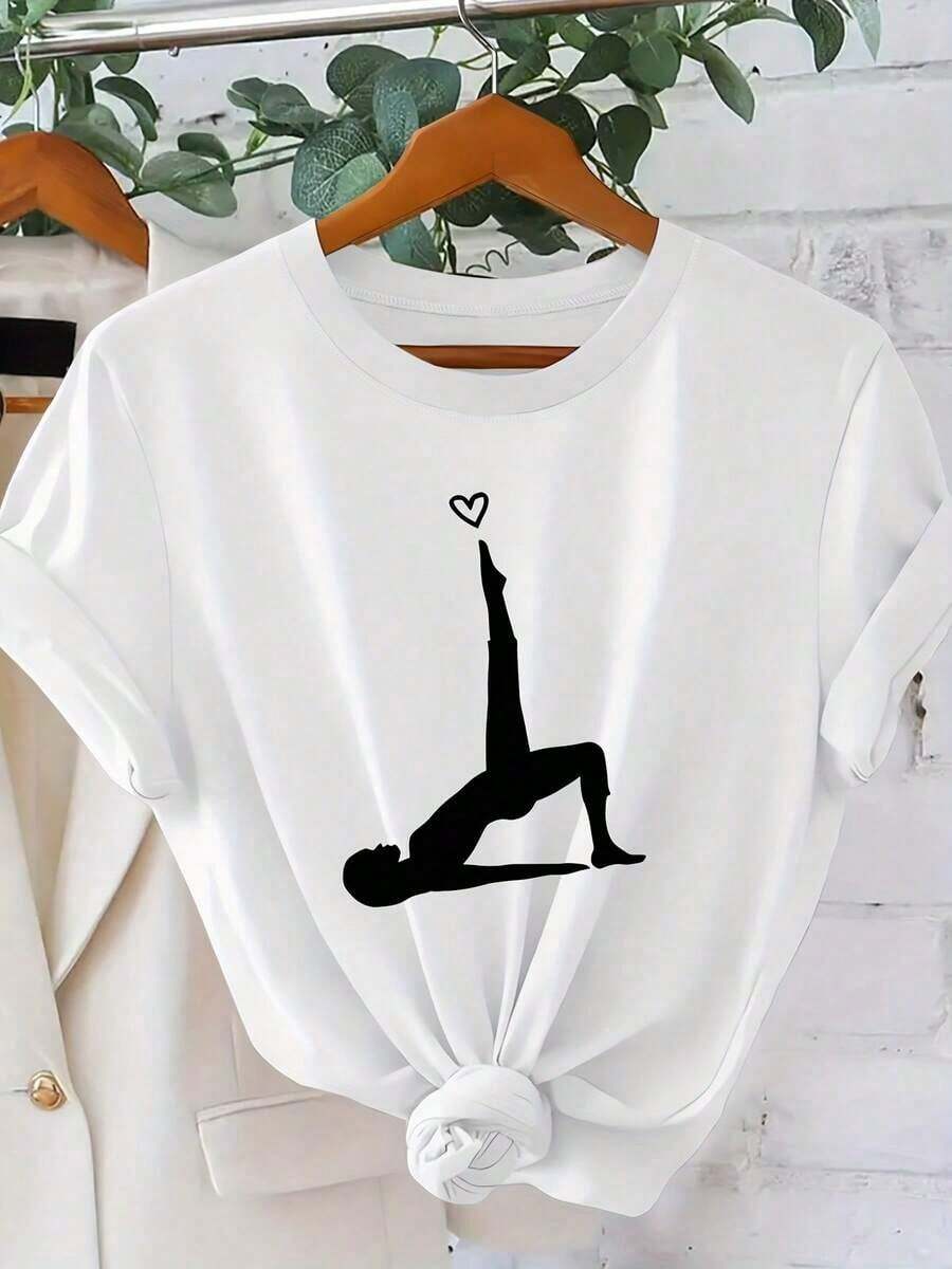 Women's Orange-Inspired Pilates Graphic Tee - Yoga Silhouette Design, Casual And Stylish, Short Sleeve, Breathable Polyester Blend, For Summer Vacation And Workouts, Workout Tee | Pilates Themed Apparel | Comfortable Fit, Workout 100% Cotton - 白色 - 查看 1