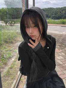 Women's Black Hooded Striped 2 In 1 Top, Autumn Casual - Black - View 4