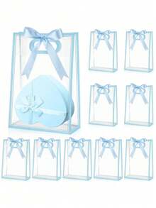 1/3/6pcs Reusable Transparent Plastic Gift Bags With Hollow Handles, Made Of PP Material With Ribbons, Suitable For Christmas, Wedding, Bridal Shower, Birthday Party, Baby Shower, Small Business, Size: 7x10x3.9 Inches (Blue) - Multicolor - View 1