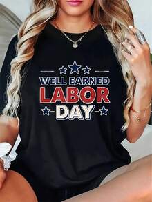 | Exquisite Design | Loose And Comfortable | Easy To Match | Women's Labor Day T-Shirt - Red, White, And Blue Star Print With "Well Earned" Text For Labor Day, Loose Fit Crew Neck Short Sleeve T-Shirt, Machine Washable, Casual For All Seasons, Suitable For Spring, Summer, And Autumn, Ideal For Independence Day And Everyday Wear, Loose And Comfortable Fit With Medium Stretch, Perfect For Labor Day Celebrations And Festive Occasions (Red/Blue/White Design) - Also Very Suitable For The Workplace, Women's T-Shirt, Women's Top, Women's Blouse. - 黑色 - 查看 1