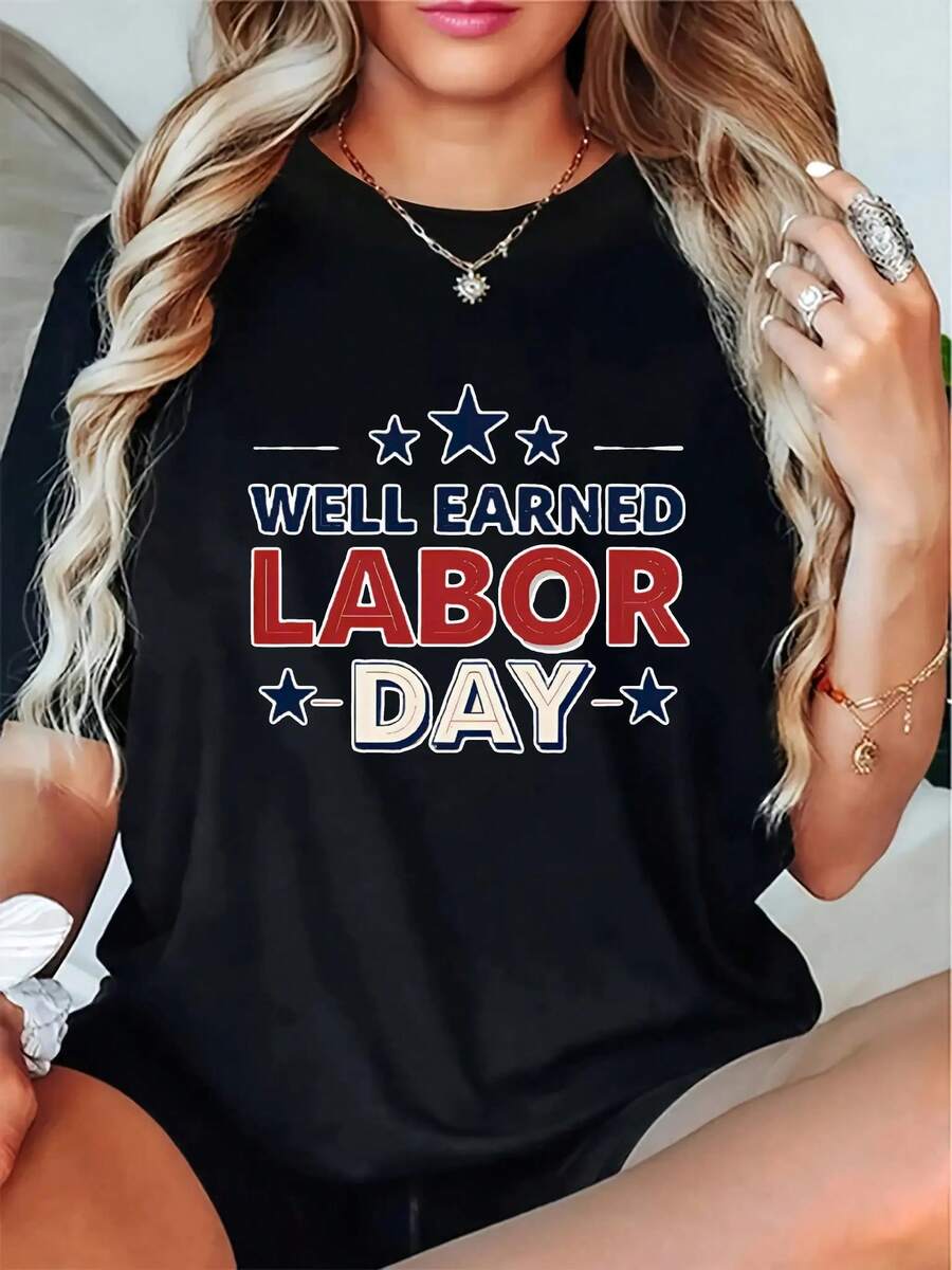 | Exquisite Design | Loose And Comfortable | Easy To Match | Women's Labor Day T-Shirt - Red, White, And Blue Star Print With "Well Earned" Text For Labor Day, Loose Fit Crew Neck Short Sleeve T-Shirt, Machine Washable, Casual For All Seasons, Suitable For Spring, Summer, And Autumn, Ideal For Independence Day And Everyday Wear, Loose And Comfortable Fit With Medium Stretch, Perfect For Labor Day Celebrations And Festive Occasions (Red/Blue/White Design) - Also Very Suitable For The Workplace, Women's T-Shirt, Women's Top, Women's Blouse. - 黑色 - 查看 1