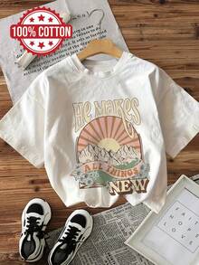 | Exquisite Design | Loose And Comfortable | Easy To Match | Women's Summer Casual Top, Vintage Style, Mountain And Sun Print, "HE MAKES ALL THINGS NEW" Print, Round Neck, Pure Cotton, Short Sleeve T-Shirt [Ling K] - 白色 - 查看 1