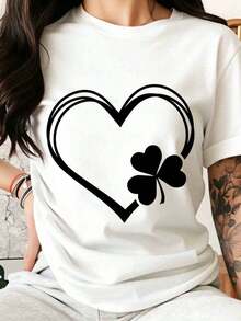 Women's Heart And Shamrock Design T-Shirt, St. Patrick's Day Lucky Symbol, Fashionable Casual Top - 白色 - 查看 7