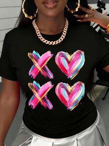 Women's Casual T-Shirt With Colorful Hearts And X Print, Short Sleeve, Round Neck, Fashion Graphic Top, Summer Outfit, 100% Cotton, Soft Fabric, Short Sleeve - 黑色 - 查看 2