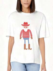Women's Western-Themed T-Shirt With Cowboy And Santa Claus Design, Holiday Gift For Friends And Family. Suitable As A Gift. Women's T-Shirt. Blouses > Elegant. Boho Chic. Soft, Breathable, And Comfortable Women's Top, Ideal For Spring, Summer, And Fall, Perfect For Vacations, Travel, And Everyday Wear. - 白色 - 查看 1
