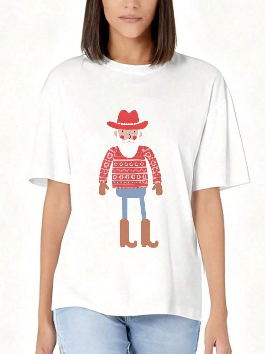Women's Western-Themed T-Shirt With Cowboy And Santa Claus Design, Holiday Gift For Friends And Family. Suitable As A Gift. Women's T-Shirt. Blouses > Elegant. Boho Chic. Soft, Breathable, And Comfortable Women's Top, Ideal For Spring, Summer, And Fall, Perfect For Vacations, Travel, And Everyday Wear. - 白色 - 查看 1