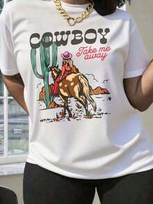 Women's Western T-Shirt, Cowgirl 'Take Me Away' And Desert Print, Loose Fit Cotton Graphic Tee, Cowboy Themed Summer Party Wear, 4th Of July Rodeo. Suitable As A Gift. Women's T-Shirt. Blouses>Elegant. Boho Chic, Soft, Breathable And Comfortable Women's Top, Ideal For Spring, Summer And Autumn, Perfect For Vacations, Travel And Everyday Wear. - 白色 - 查看 6