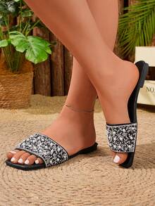 Giày sandal đế bằng màu trơn thời trang mới nhất, kiểu dáng bất đối xứng, thanh lịch, thích hợp đi biển, dự tiệc cưới, công sở, mùa xuân/hè cho nữ. - màu đen - Xem 3
