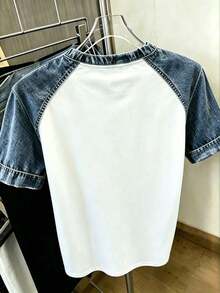 Camiseta de mujer de cuello redondo con efecto de mezclilla, parches, rayas y estampado digital de cerezas, casual y de moda - Rosa 3 - Ver 2