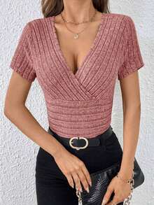 Camiseta de cuello cruzado tejido de canalé - Rosa - Ver 3