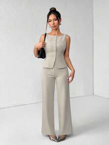 PETITE Conjunto de chaleco y pantalones de un solo pecho de unicolor con cuello redondo, elegante traje de oficina para mujer, ropa de mujer de verano y otoño, conjunto de oficina, ropa casual de negocios, conjunto de dos piezas, ropa de oficina de otoño para mujer, conjunto de blazers para mujer - Caqui - Ver 3
