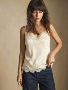 Camiseta sin mangas con ajuste de tirantes y encaje, versátil para usar en primavera/verano, adecuada para Pascua, Día de San Patricio, estilo vintage romántico de los 90, fiesta, playa, graduación, vacaciones, invitado de boda, casual, elegante - Albaricoque - Ver 4