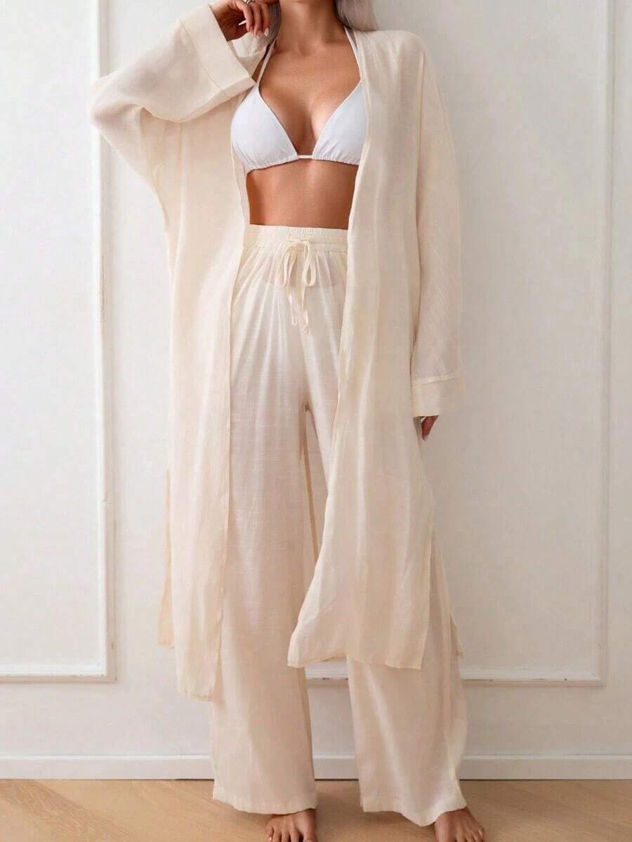Kimono de mujer de manga larga, suelto y largo, de un solo color, como cubierta - Albaricoque - Ver 1