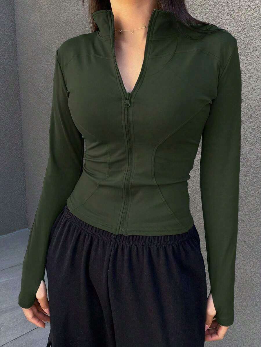 de forro polar de ajuste ceñido con cuello alto de unicolor para mujer, otoño e invierno - Verde Oliva - Ver 1
