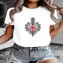 Traditional Slavic Graphic Print Featuring a Folk Amulet Sun Wheel And Patterns, This Wo'S Short Sve Crew Neck Casual Top Is Perfect for Summer And Spring - Blanco - Ver 1