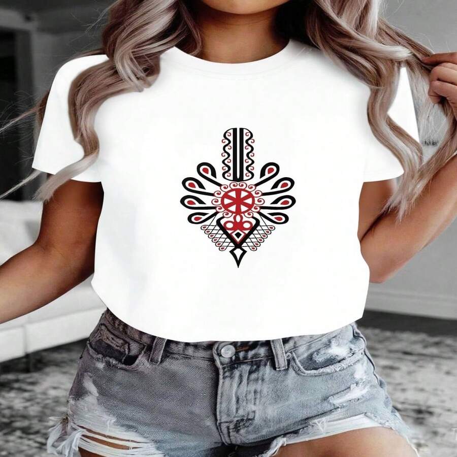 Traditional Slavic Graphic Print Featuring a Folk Amulet Sun Wheel And Patterns, This Wo'S Short Sve Crew Neck Casual Top Is Perfect for Summer And Spring - Blanco - Ver 1