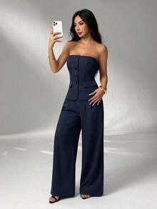 1 Conjunto de Top Camisola Ajustada de unicolor y Pantalones Elegantes para Otoño/Invierno - Azul marino - Ver 6