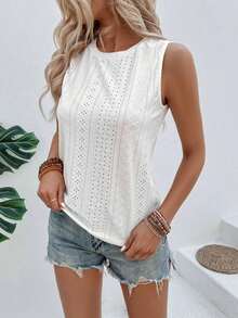 Top holgado de verano sin mangas de cuello redondo, unicolor, con bordado quemado - Blanco - Ver 4