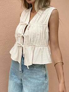 Frenchy Camisa informal de mujer sin mangas con botones de unicolor para vacaciones - Albaricoque - Ver 4