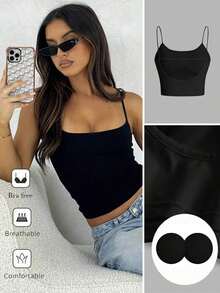 Camiseta de tirantes finos de un solo color simple, uso casual de todos los días para mujeres - Negro - Ver 8