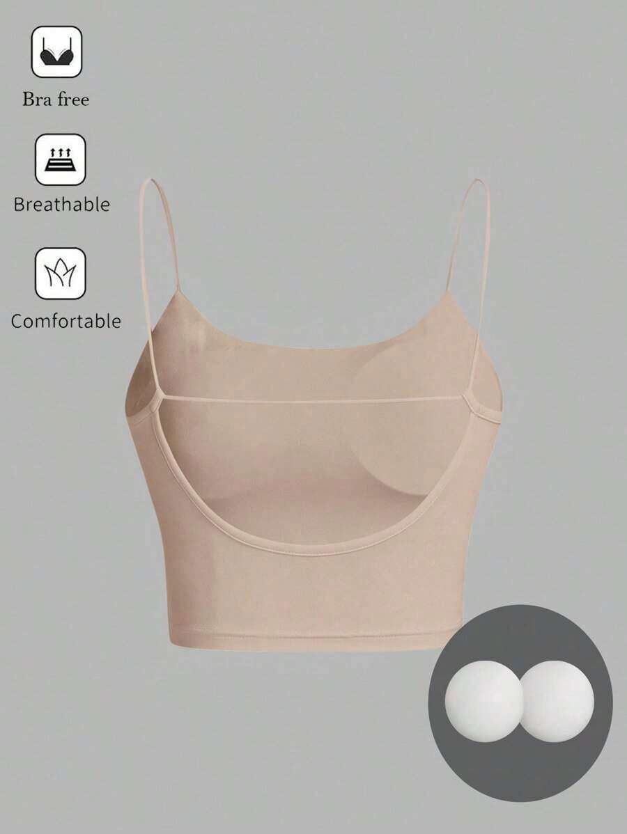 Camiseta de tirantes finos de un solo color simple, uso casual de todos los días para mujeres - Albaricoque - Ver 1