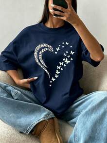 Women's Summer Top With A Simple Slogan Print, Loose Fit, Round Neck, Short Sleeves, Casual Style, Ideal For Vacation. Fashionable Top For Everyday Wear And Holidays. - 海軍藍 - 查看 10