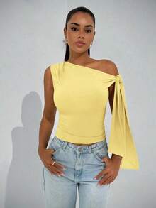 Blusa elegante de mujer con cuello asimétrico y hombro oblicuo con lazo, adecuada para uso diario, citas, salidas, discoteca, fiestas y reuniones - Amarillo - Ver 4