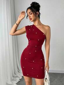Vestido corto de mujer con decoración de perlas falsas, unicolor y hombro asimétrico - Burdeos - Ver 5