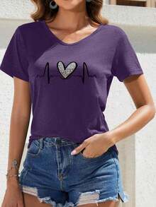 Camiseta de mujer de manga corta con cuello en V con estampado de corazón y leopardo - Morado - Ver 4