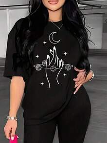 New 2026 Women's T-Shirts, Couple T-Shirts. Unique Y2K Design T-Shirt Featuring A Hand In A Sacred Gesture And Sparkling Stars, Perfect For Highlighting Your Modern And Bold Style. Ideal For Fashion Lovers And Trendsetters. Only One Piece Available, So Be Sure Not To Miss It! - 黑色 - 查看 1