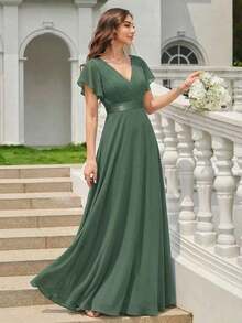 Vestido de dama de honor con cuello en V elegante, mangas con volantes y mariposa, color verde salvia, vestido de invitada de boda, vestido de primavera semi-formal para boda, fiesta de cumpleaños, graduación, Día de San Valentín - Verde Oliva - Ver 7