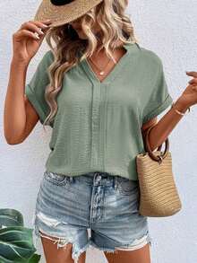 Blusa de mujer de unicolor y cuello en V minimalista de manga corta - Gris - Ver 3