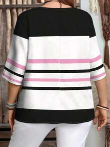 Camisa casual de manga corta a rayas en blanco y negro con botones delanteros, estilo preppy, para mujer de talla grande.Camisa de verano para mujer, estilo de vacaciones campestres, estilo bohemio para mujer. - Multicolor 2 - Ver 2
