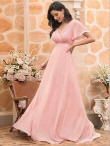 Vestido de dama de honor con cuello en V elegante, mangas con volantes y mariposa, color verde salvia, vestido de invitada de boda, vestido de primavera semi-formal para boda, fiesta de cumpleaños, graduación, Día de San Valentín - Rosa - Ver 5
