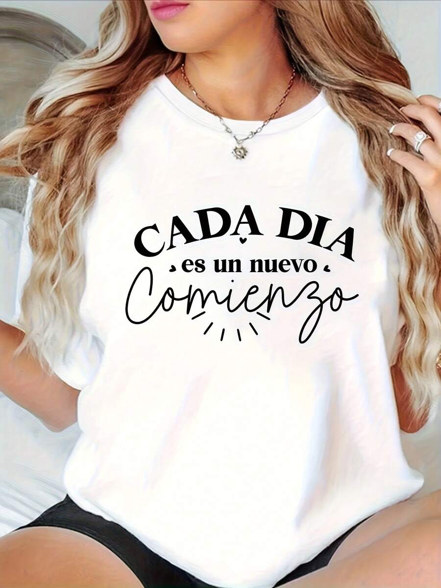 Plus Size Women's T-Shirt With "EVERY DAY Is A New Beginning" Letter Print, Short Sleeve, Round Neck, Casual Top For Summer And Spring, Women's Clothing - 白色 - 查看 1