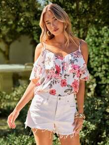 Blusa de mujer de gasa con hombros descubiertos, bajo con volantes y estampado, para primavera/verano y vacaciones - Blanco - Ver 7