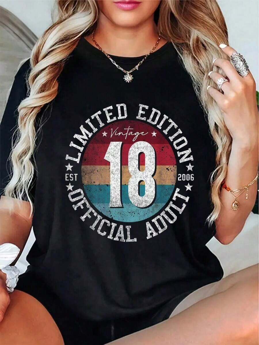 Limited Edition 18th Birthday Celebration T-Shirt - Vintage Style Black T-Shirt With Colorful Number 18 And Stars Design, Medium Stretch, Machine Washable - Ideal Gift For 18-Year-Olds, Birthday T-Shirt - 黑色 - 查看 1