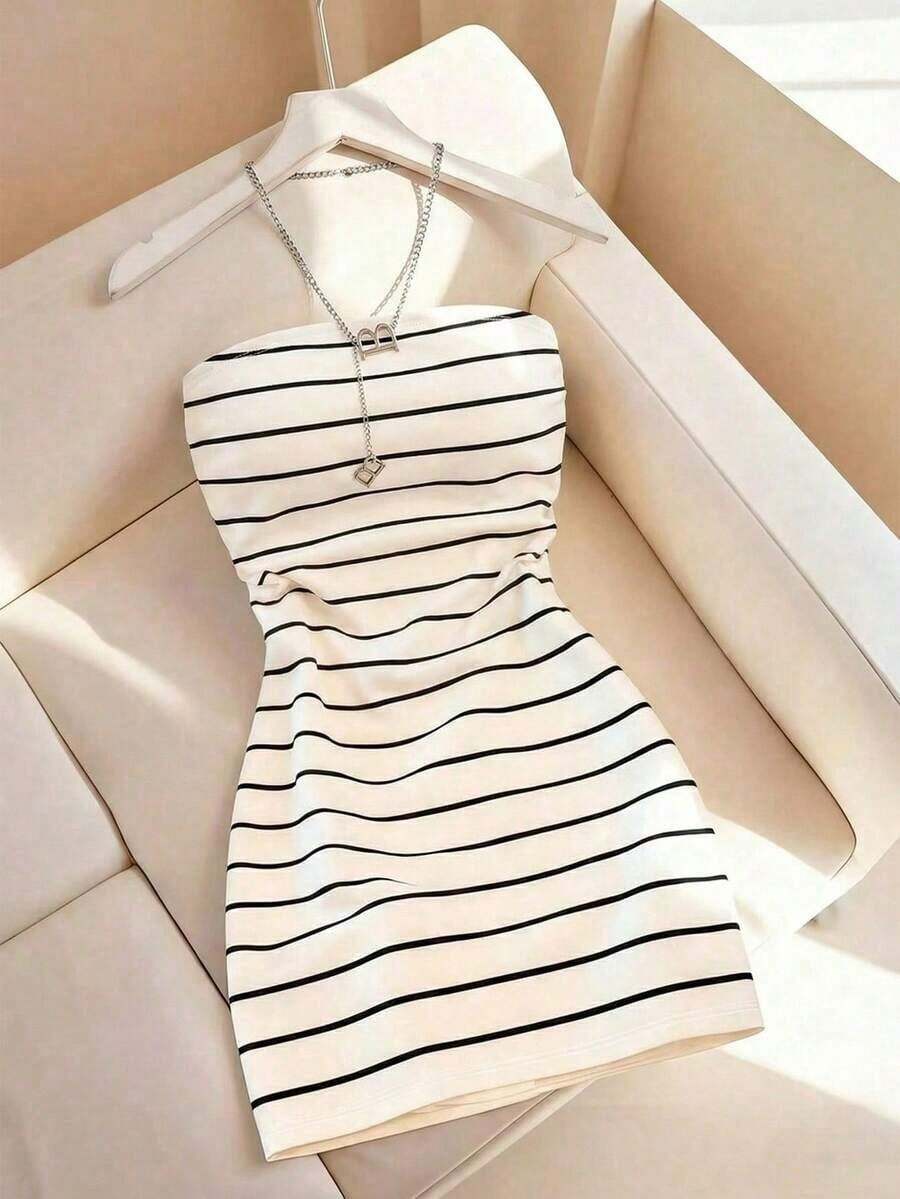 Vestido tubo ajustado de cuello redondo con estampado de rayas para mujer, primavera/verano - Multicolor 2 - Ver 1