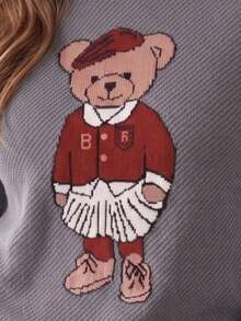 Women's Bear Modal Knit Sweater, Teddy Bear Design, Long Sleeve, High Neck, Casual Ribbed Knit, Autumn/Winter Style. - Navy Blue - View 4