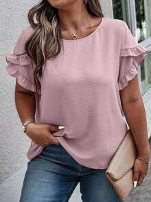 Blusa casual con cuello redondo, mangas con volantes y estampado floral para mujer de talla grande - Rosa - Ver 1