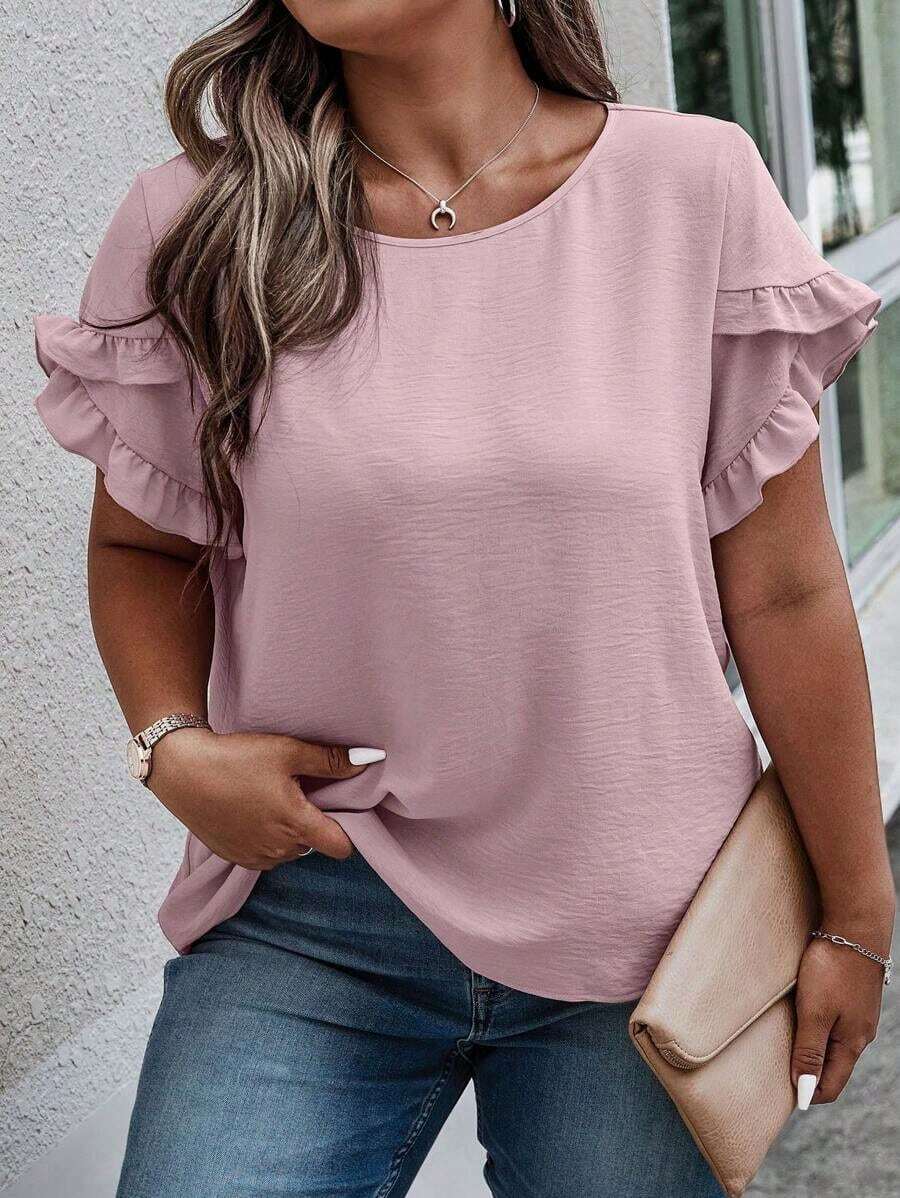 Blusa casual con cuello redondo, mangas con volantes y estampado floral para mujer de talla grande - Rosa - Ver 1
