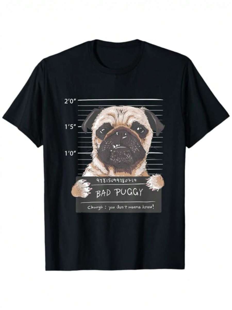 Foto de un Lindo Pug - Camiseta Divertida y Humorística de Perro para Hombres y Mujeres| Camiseta casual de cuello redondo 100%, tejido de punto de elasticidad media, cómoda para todas las estaciones, un regalo perfecto para novio, novia, esposo, esposa o amante en el Día de San Valentín. - Negro - Ver 1