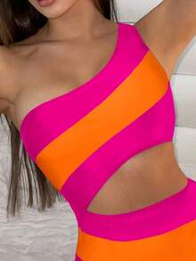 Traje de baño de una pieza con bloque de color y un solo hombro para mujer, ideal para nadar, vacaciones y playa en verano - Multicolor - Ver 3