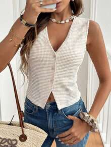Frenchy Top de tanque casual de botones frontales de unicolor con textura para verano - Albaricoque - Ver 8
