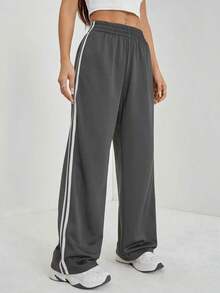 Pantalones casuales con rayas laterales negras, de estilo simple y de moda para uso diario, graduación, maestros y vuelta al colegio para mujeres - Gris Oscuro - Ver 4