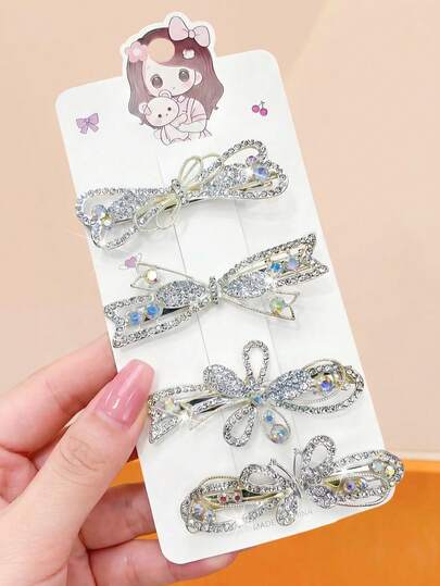 4/2pcs Set Luxury Rhinestone Bow Hair Clips, Exquisite Design With Full Diamonds And Iridescent Crystals, Suitable For Side And Bangs, Fit For Women And Girls, Ideal For Daily, Date, School, Vacation, Beach, Party, Holidays, Gifts, Graduation